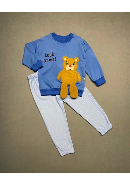 2-3-4 Yaş Ayıcık Sallanan Ayak Desenli Likra Penye Kumaş Sweat Pantolonlu Kız Erkek 2li Çocuk Takımı Indigo