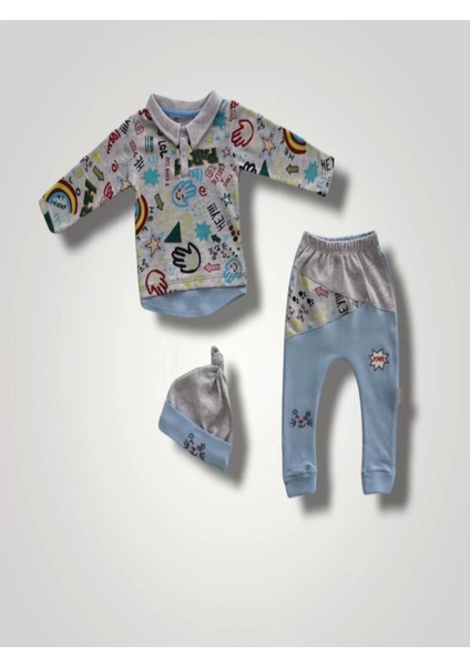 6-9 12-18 18-24 Ay Power Kedi Nakışlı Uzun Kollu Sweat Şapkalı 3lü Kız Erkek Bebek Takımı Mavi
