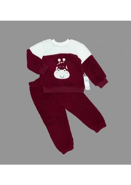 1-2-3 Yaş Ponponlu Zürafa Desenli Kuzu Kumaş Uzun Kollu 2li Kız Erkek Çocuk Takımı Bordo