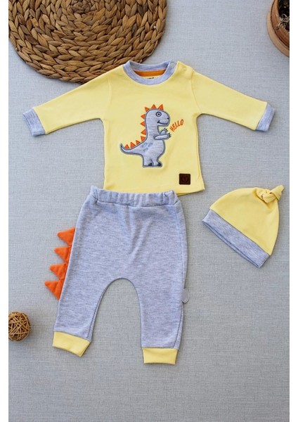 3-6 6-9 9-12 Ay Minik Dino Nakışlı Şapkalı Uzun Kollu Sweat 3lü Kız-Erkek Bebek Takımı Sarı