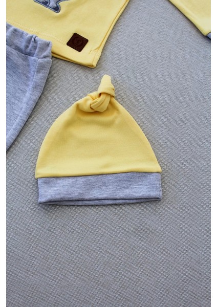 3-6 6-9 9-12 Ay Minik Dino Nakışlı Şapkalı Uzun Kollu Sweat 3lü Kız-Erkek Bebek Takımı Sarı fırsatları