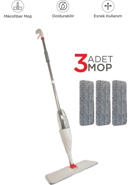 Dönen Su Hazneli Püskürtmeli Spreyli 3'lü Mop Seti