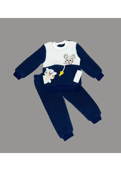 1-2-3 Yaş Sallanan Balık Nakışlı Kuzu Kumaş Sweat Pantolon Uzun Kollu Kız Erkek 2 Li Takımı Lacivert