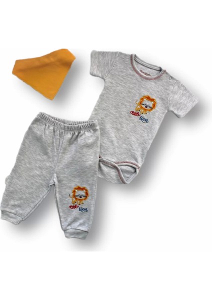 3-6 6-9 9-12 Ay Yavru Aslan Nakışlı Bandajlı Kısa Kollu Zıbınlı 3lü Erkek Bebek Takımı Gri
