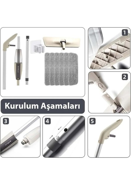 360 Derece Dönen Mikrofiber Mop Temizlik Seti, Sprey ve Deterjan Hazneli