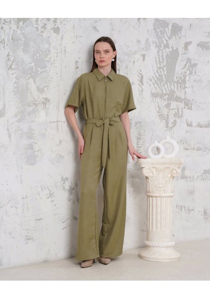 Kuşaklı Gömlek Yaka Salaş Tulum Haki S255822