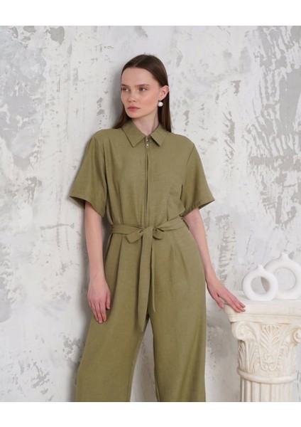 Kuşaklı Gömlek Yaka Salaş Tulum Haki S255822 fiyatları