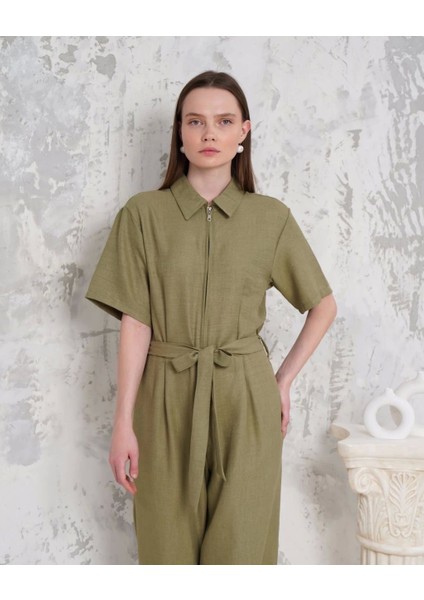 Kuşaklı Gömlek Yaka Salaş Tulum Haki S255822 fırsatları
