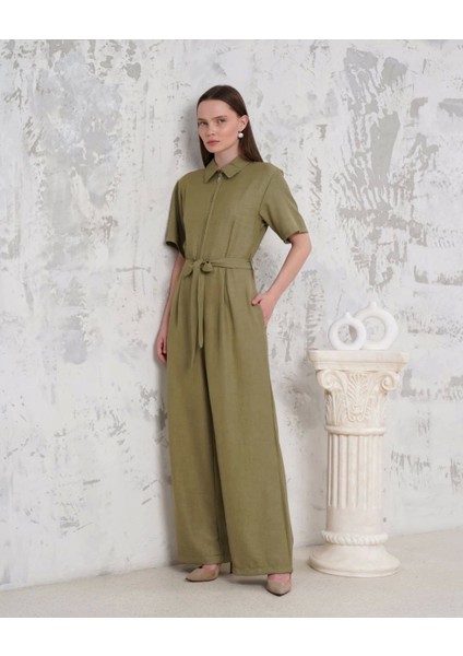 Kuşaklı Gömlek Yaka Salaş Tulum Haki S255822 indirimleri