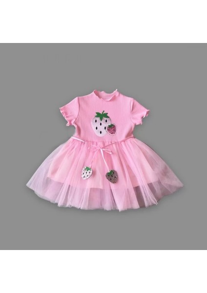1-2-3 Yaş Payetli Çilek Baskılı Çilek Kuşaklı Kız Bebek Elbisesi Pembe