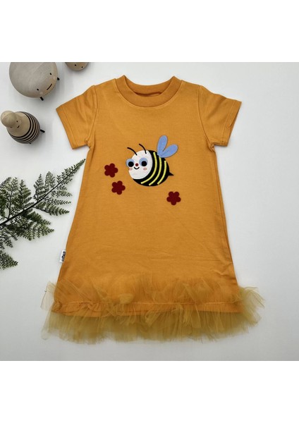 1-2-3 Yaş Arıcık Nakışlı Eteği Fırfırlı Jile Kız Çocuk Elbisesi Turuncu