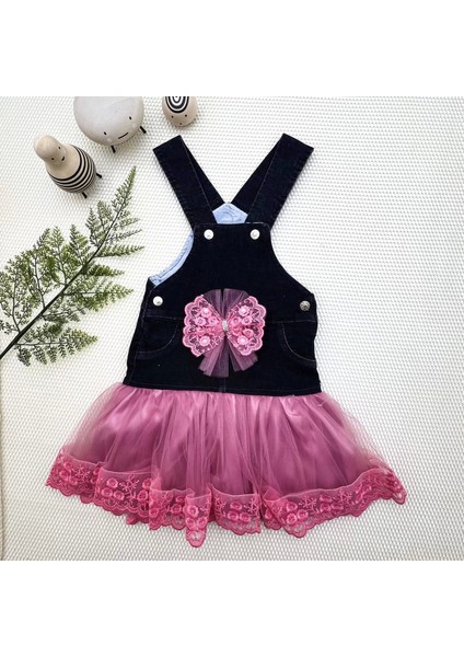 2-3-4 Yaş Fiyonklu Düğme Detaylı Tül Etek Kot Kumaş Salopet Kız Çocuk Elbisesi Siyah-Gül Kurusu