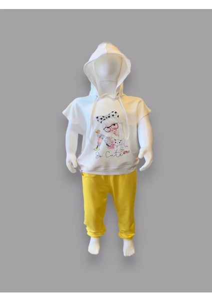 3-4-5 Yaş Kapşonlu Sevimli Kız Baskılı Kısa Kolu 2li Kız Erkek Çocuk Takımı Sarı modelleri