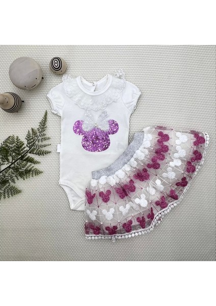 1-2-3 Yaş Payetli Mickey Nakışlı Kısa Kollu Brode Etekli 2li Kız Bebek Takımı Fuşya