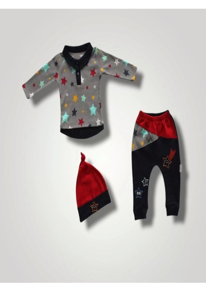 6-9 12-18 18-24 Ay Samanyolu Yıldızlar Baskılı Uzun Kollu Sweat Şapkalı 3lü Kız Erkek Bebek Takımı Lacivert