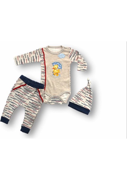 3-6 6-9 9-12 Ay Şemsiyeli Ördek Nakışlı Şapkalı Uzun Kollu Zıbınlı 3lü Kız-Erkek Bebek Takımı Mavi