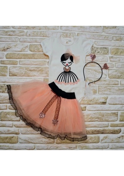 9-12-18 Ay Kalp Kız Nakışlı Taçlı Kısa Kollu Tütü Etek 3lü Kız Bebek Takımı Pudra