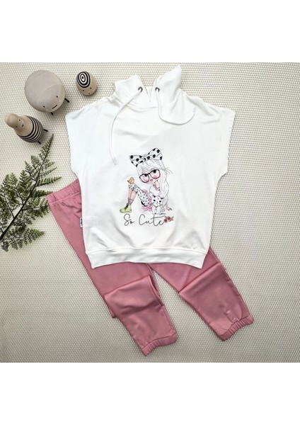 3-4-5 Yaş Kapşonlu Sevimli Kız Baskılı Kısa Kolu 2li Kız Erkek Çocuk Takımı Gül Kurusu