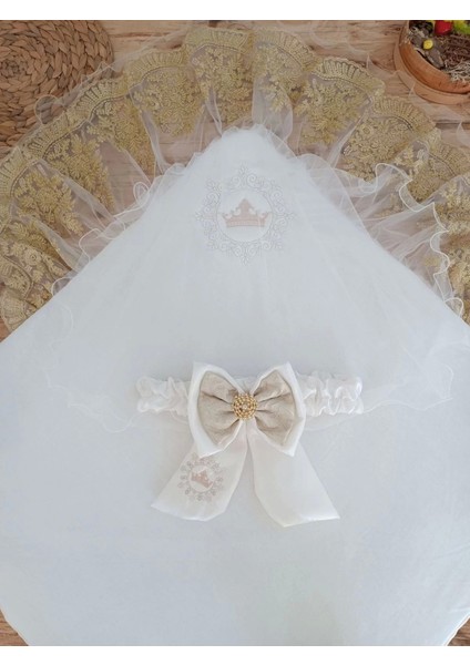 Yenidoğan Titi Taç Nakışlı Plazma Taşlı Güpürlü Çift Fiyonk Duvaklı Trilüks Kundak Bebek Battaniyesi Gold modelleri