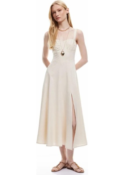 Kalp Yaka Bej Midi Kadın Elbise 5SAK80330EW