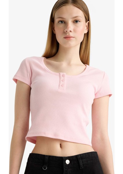 Coool Fitted Yuvarlak Yaka Crop Fitilli Kaşkorse Kısa Kollu Tişört F5185AX25SM