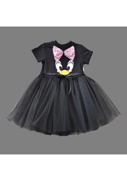 1-2-3 Yaş Payet Fiyonk Tokalı Ördek Nakışlı Astarlı Kız Bebek Tütü Elbisesi Siyah