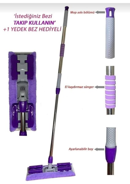 Yüzey Temizleme Mikrofiber Mandallı Yer ve Fayans Mopu Hediye Bezli