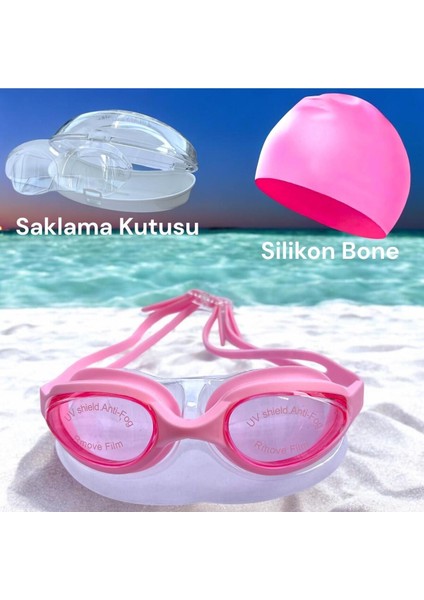 2'li Yüzücü Gözlüğü ve Kulak Tıkacı Seti, Pembe, Saklama Kutusuyle