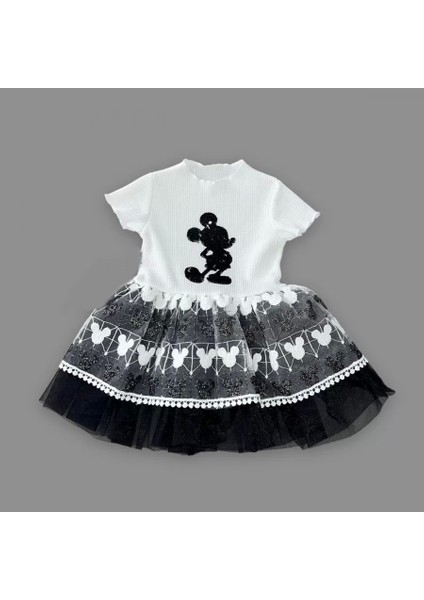 1-2-3 Yaş Payetli Mickey Baskılı Brode Etekli Kız Bebek Elbisesi Siyah