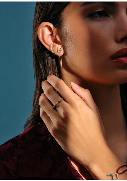 B Harf Pırlanta Taşlı Bordo Mineli Kadın Piercing Küpe