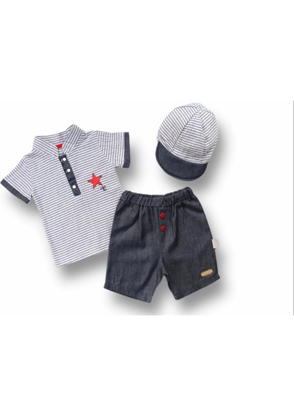 6-9 9-12 12-18 Ay Vip Yaka Şapkalı Kısa Kollu Sweat 3lü Erkek Bebek Takımı Gri