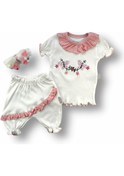 6-9 9-12 12-18 Ay Çiçek Nakışlı Roman Şalvar Bandanalı Kısa Kollu Sweat 3lü Kız Bebek Takımı Pudra