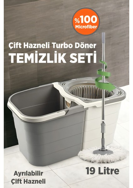 Ayrılabilir Çift Hazneli Turbo Döner Mop Seti, Büyük Temizlik Seti 19 Litre