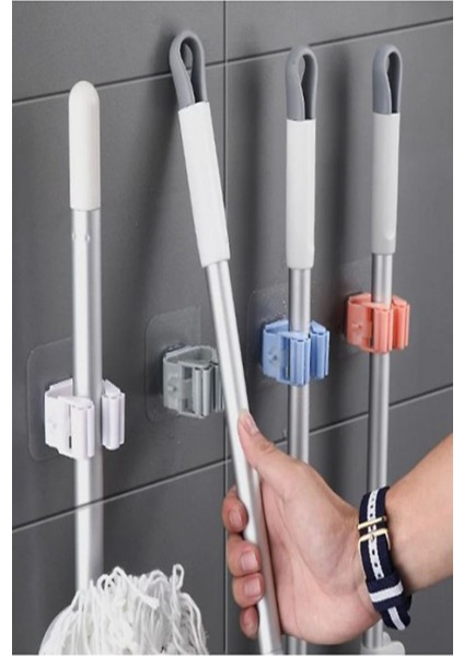 Gri 4'lü Kendinden Yapışkanlı Pratik Mop Tutucu ve Askı Seti