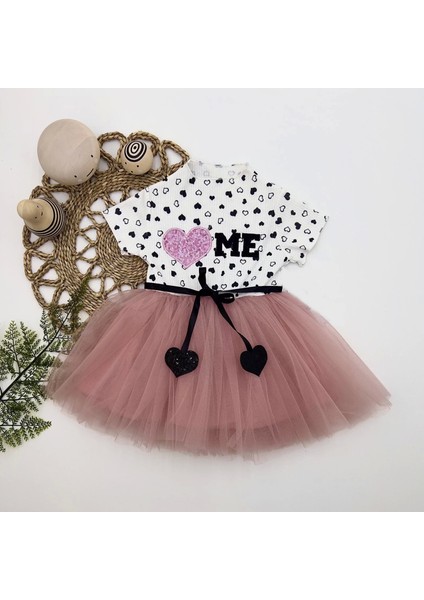 1-2-3 Yaş Payetli Kalp Me Baskılı Kız Bebek Elbisesi Gül Kurusu