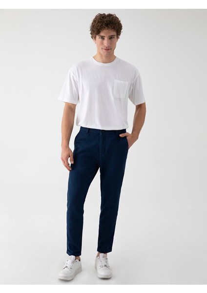 Erkek Keten Görünümlü Düz Paça Lacivert Pantolon