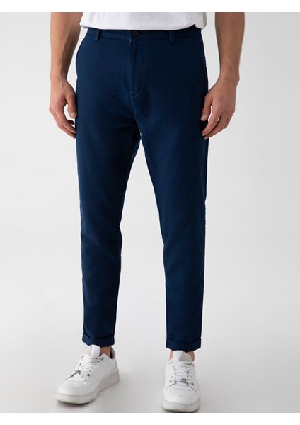 Erkek Keten Görünümlü Düz Paça Lacivert Pantolon fiyatları
