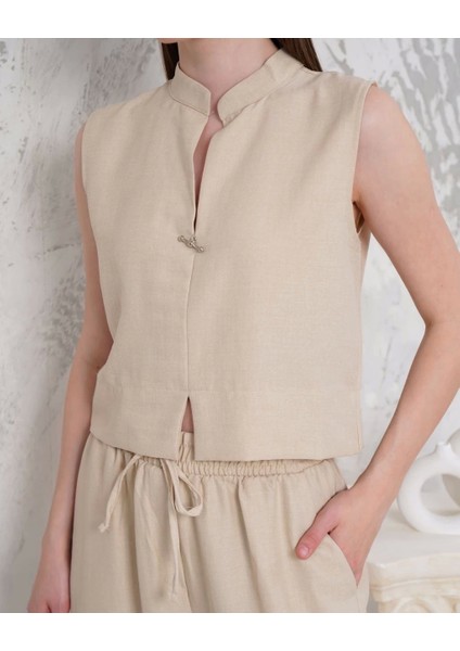 Broşlu Yelek Pantolon Takım Bej S255821