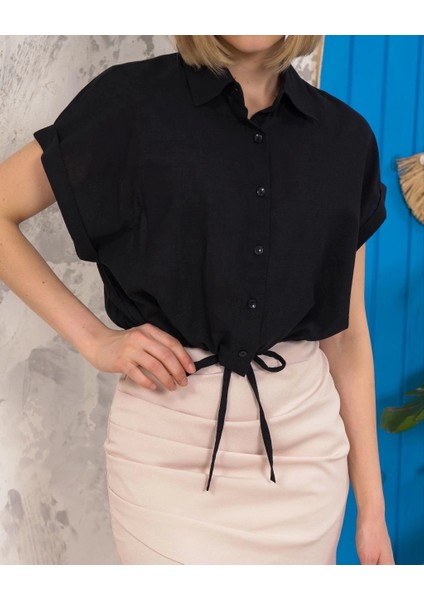 Sıfır Kollu Bağlamalı Crop Gömlek Siyah S255359