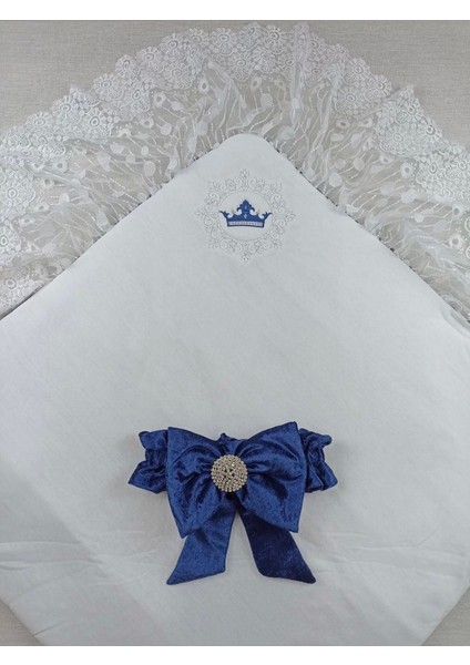 Yenidoğan Saray Kadife Taç Nakışlı Inci Fiyonklu Dantel Duvak Trilüks Kundak Bebek Battaniye Lacivert fiyatları