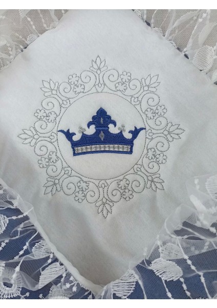 Yenidoğan Saray Kadife Taç Nakışlı Inci Fiyonklu Dantel Duvak Trilüks Kundak Bebek Battaniye Lacivert modelleri