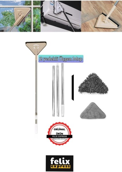Teleskopik Saplı Üçgen Mop, Cam, Duvar, Tavan, Fayans ve Parke Temizleyici