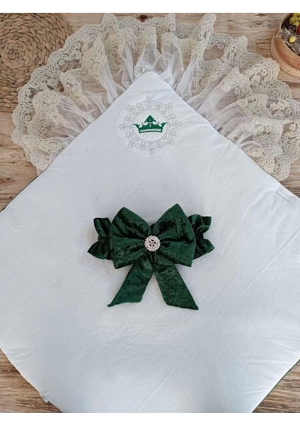 Yenidoğan Saray Kadife Taç Nakışlı Inci Fiyonklu Çift Dantel Duvak Trilüks Kundak Bebek Battaniyesi Yeşil fırsatları
