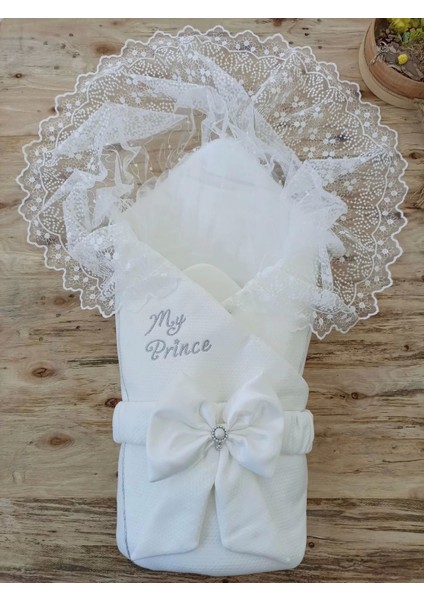 Yenidoğan Sahra My Prince Nakışlı Lüks Kundak Bebek Battaniyesi Ekru