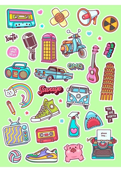 90'lar Renkli Doodle Laptop Notebook Tablet Sticker Seti