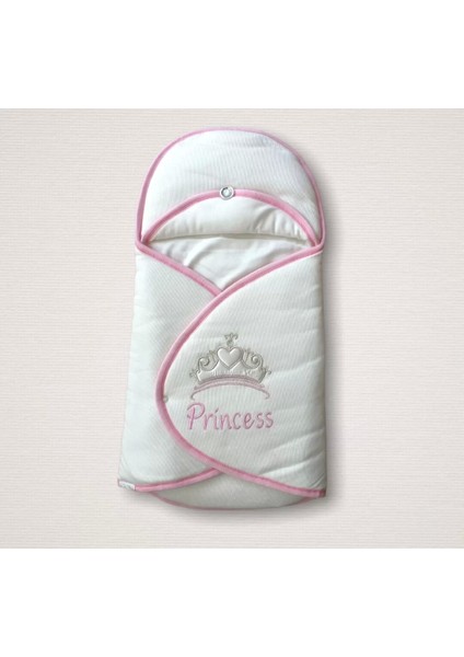 Yenidoğan Princess Nakışlı Çizgi Efektli Kız Bebek Klasik Kundak Bebek Battaniyesi Ekru