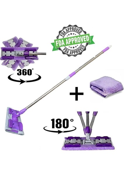 Mor Teleskopik Mikrofiber Paspas, Çok Amaçlı, Yedek Bezli ve Hediye ile Kullanılır.