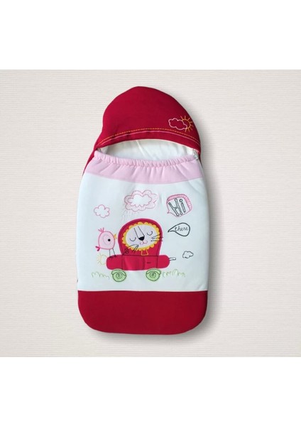 Yenidoğan Arabalı Aslan Nakışlı Fermuarlı Şapkalı Klasik Kundak Bebek Battaniyesi Pembe