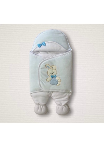 Yenidoğan Kadife Kumaş Ayıcık Nakışlı Şapkalı Kız Erkek Bebek Ayaklı Kundak Bebek Battaniyesi Mavi