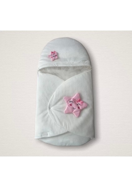 Yenidoğan Çift Yıldız Detaylı Şapkalı Duvaklı Kız Bebek Klasik Kundak Bebek Battaniyesi Ekru